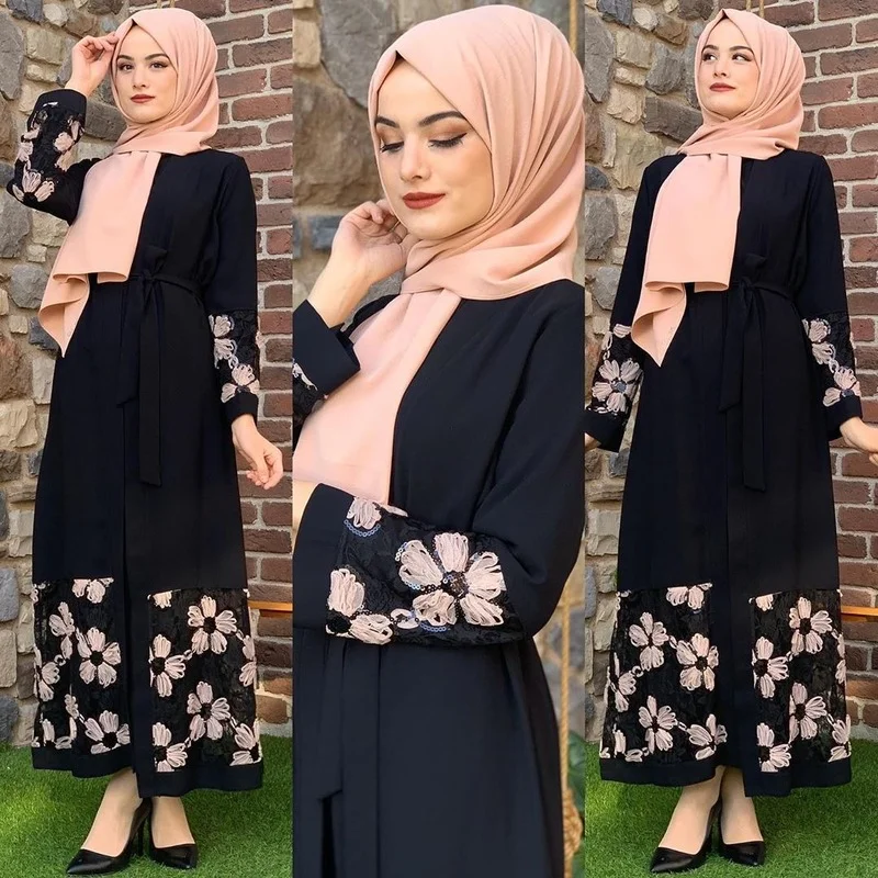Floral Muslim Dress Abaya Dubai Robe Women Long Sleeve Abayas for Women Caftan Marocain Kaftan Islam Eid Mubarak Ramadan Dresses