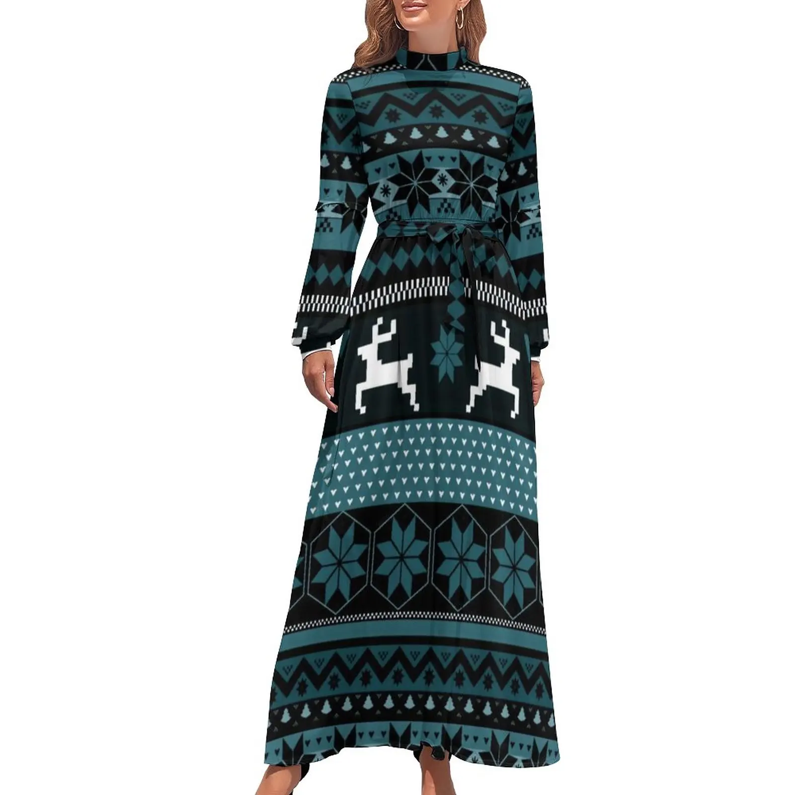 

Christmas Nordic Animal Dress Teal Fair Isle Print Retro Maxi Dress Aesthetic Boho Beach Long Dresses High Waist Custom Vestido