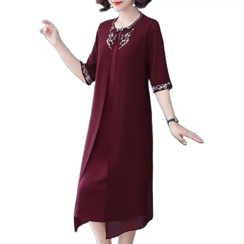 

Summer Dress 2022 New Western Style Noble Broad Wife Mother Women's Spring And Autumn Temperament Skirt Fake Two-Piece M587