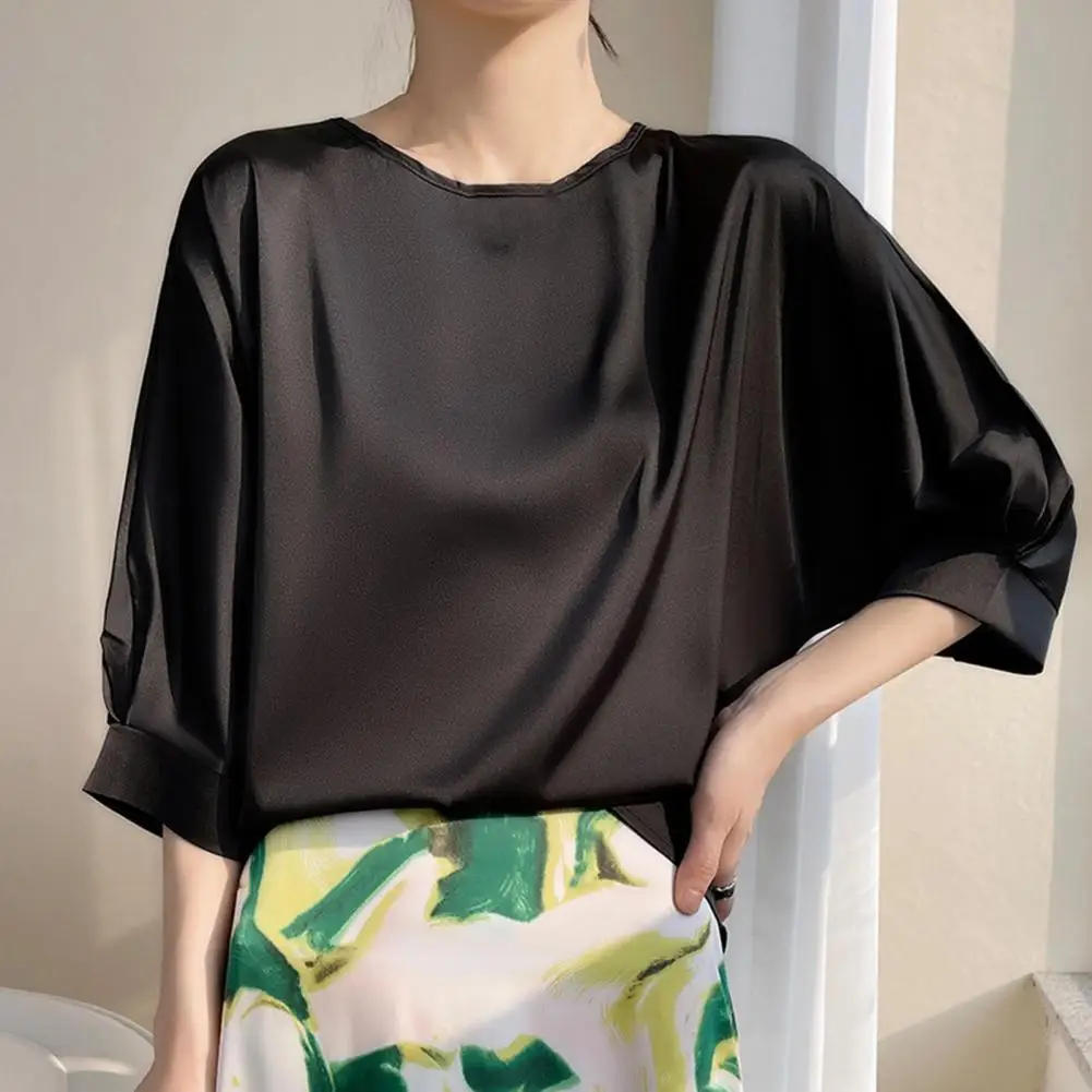 

Solid Color Batwing Sleeve Top Chic Women's O-neck Batwing Blouse Loose Fit Satin Shirt Tops for Lightweight Streetwear Smooth