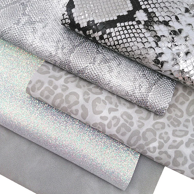 Листы из искусственной кожи, 21x29 см, Y198, серые, блестящие, металлик, под питона, змею, леопардовой расцветки