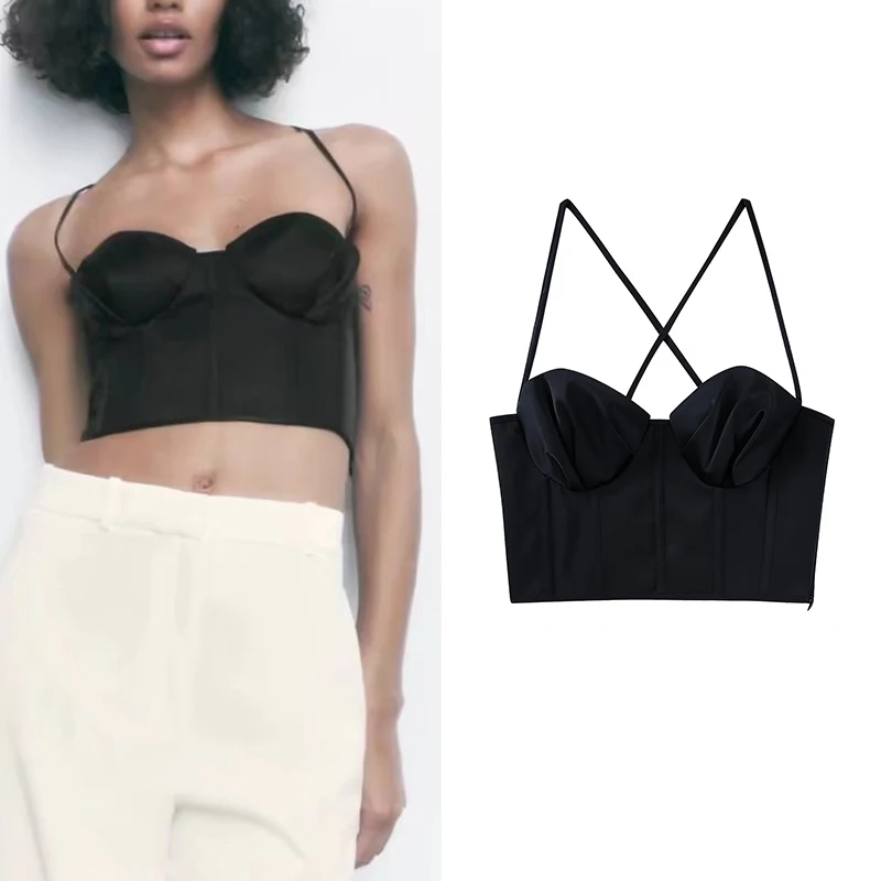 

2022 Summer Women Fashion Silk Satin Texture Corset Suspenders Versatile Sleeveless Backless Cross Female Short Chic Top HH6934