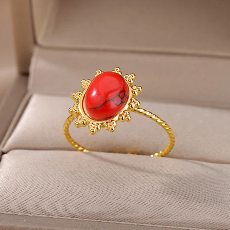 

Vintage Red Stone Sun Opening Rings for Women Stainless Steel Adjustable Finger Ring Classic Boho Jewelry Femme 2022