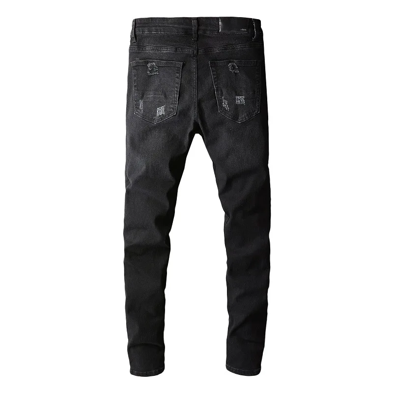 High Street Black High Street Jeans Mens Frayed Patch Small Leg Pants Streetwear Men