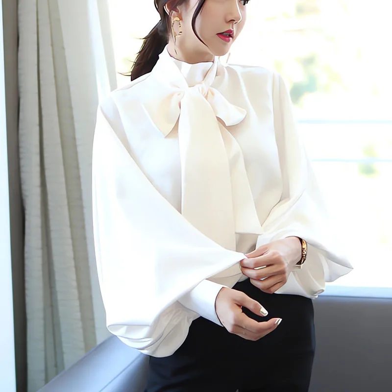 Элегантные женские белые рубашки с бантом, блузки, корейские женские офисные Топы с длинным рукавом-фонариком, повседневные свободные топы, блузы, весна-лето 2023, WB27 Элегантные женские белые рубашки с бантом, блузки, корейские женские офисные Топы с длинным рукавом-фонариком, повседневные свободные топы, блузы, весна-лето 2023, WB27