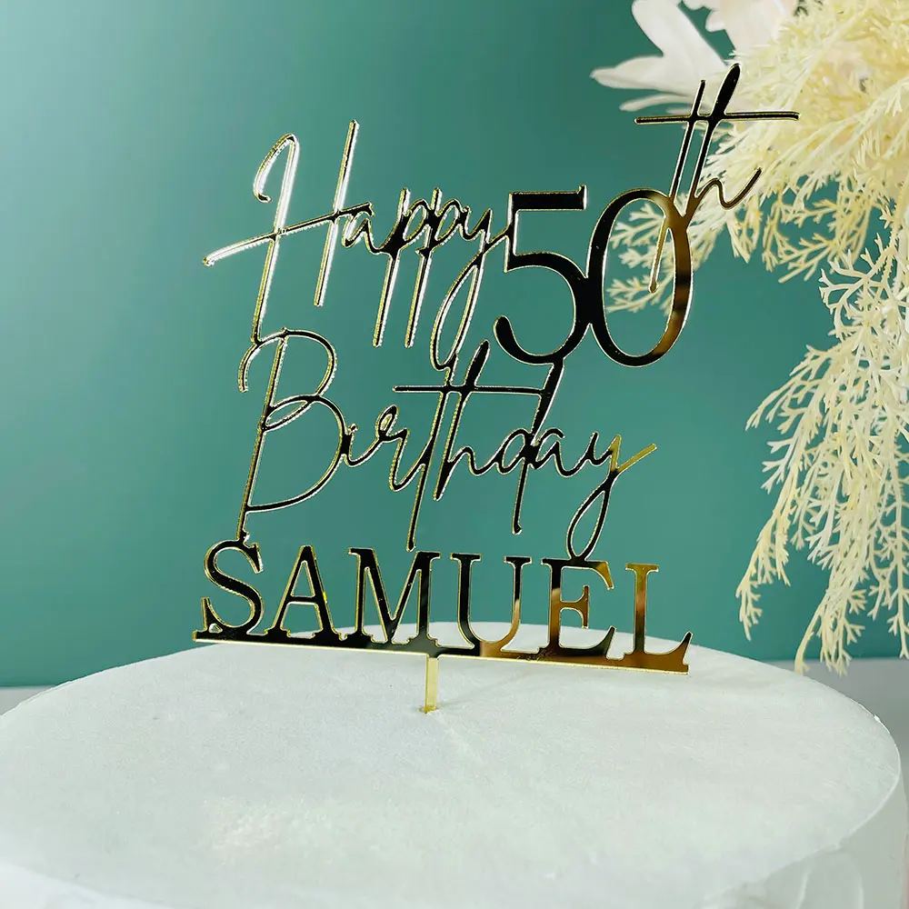 Изготовленный на заказ зеркало Happy Birtday с золотым именем акриловый топпер для