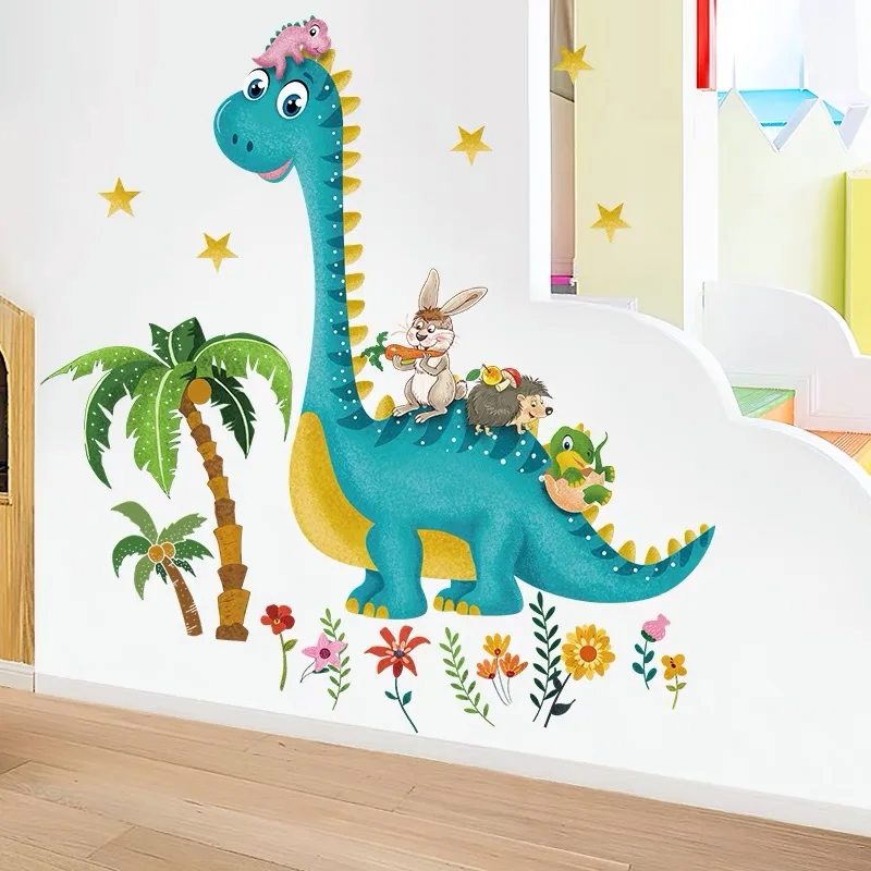 

Cartoon Large Teal Dinosaur with Animals Wall Stickers for Kids Room Living Room Baby Nursery Wall Decals PVC Decorative Sticker