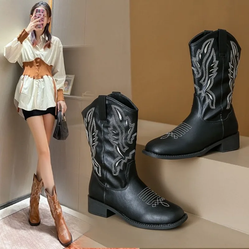 

Pu Leather Embroider Women Western Cowboy Boots Mid-calf Boots Retro Female Chunky Heels Slip-on Cowgirl Botas Mujer Boots Hot