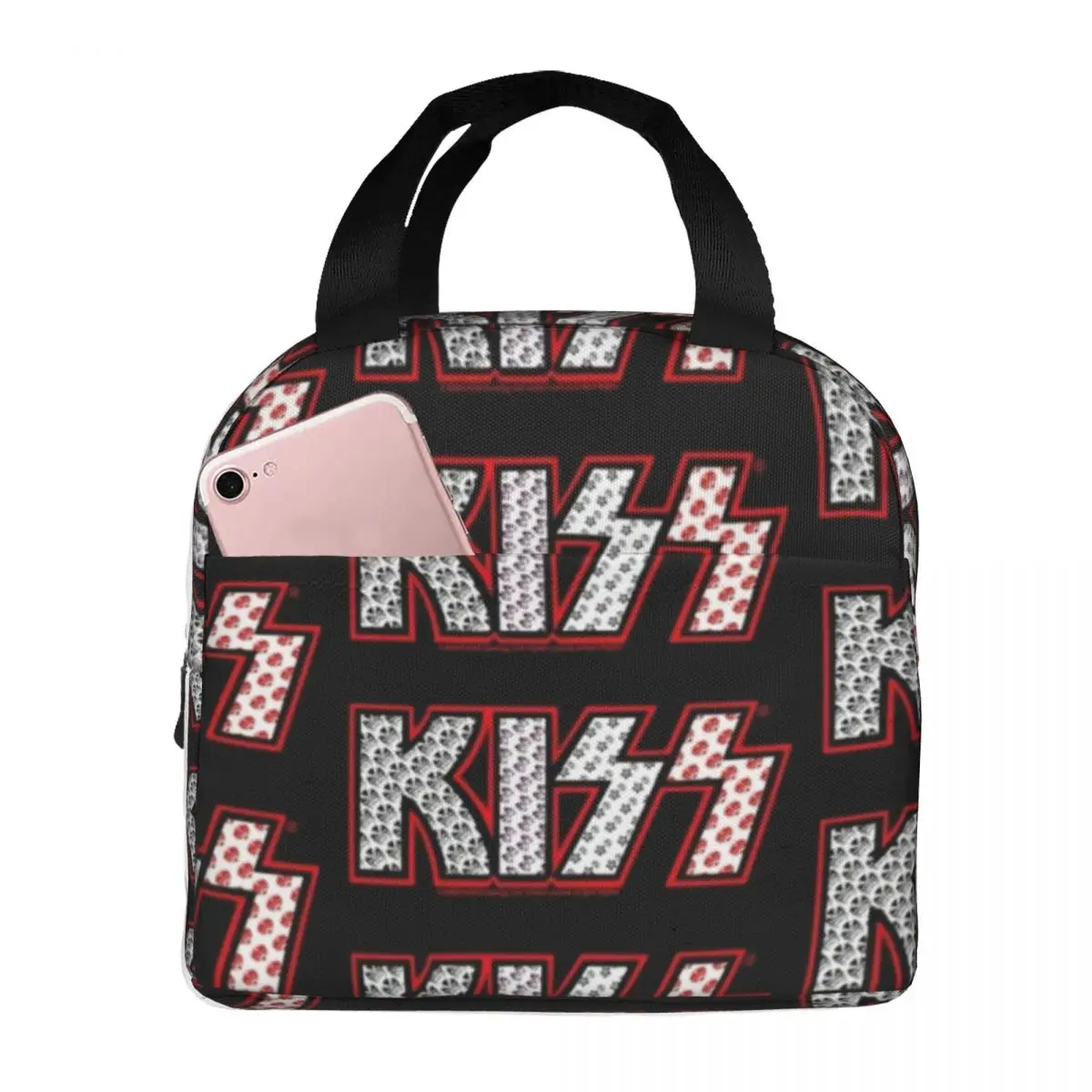 

Kiss Band Member Faces Lunch Bag with Handle Kiss Logo Food Cooler Bag Cool Zipper Beach Thermal Bag
