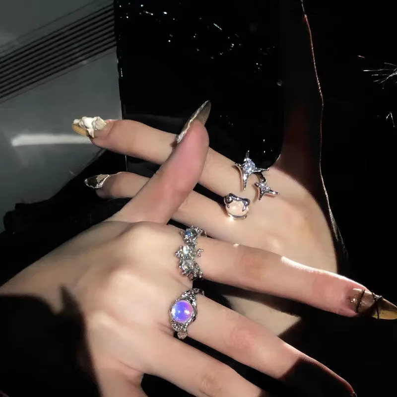 

Fashion Irregular Geometric Open Rings Luxury Star Crystal Moonstone Finger Ring Creative Cat Eye Opal Women Party Jewelry Gift