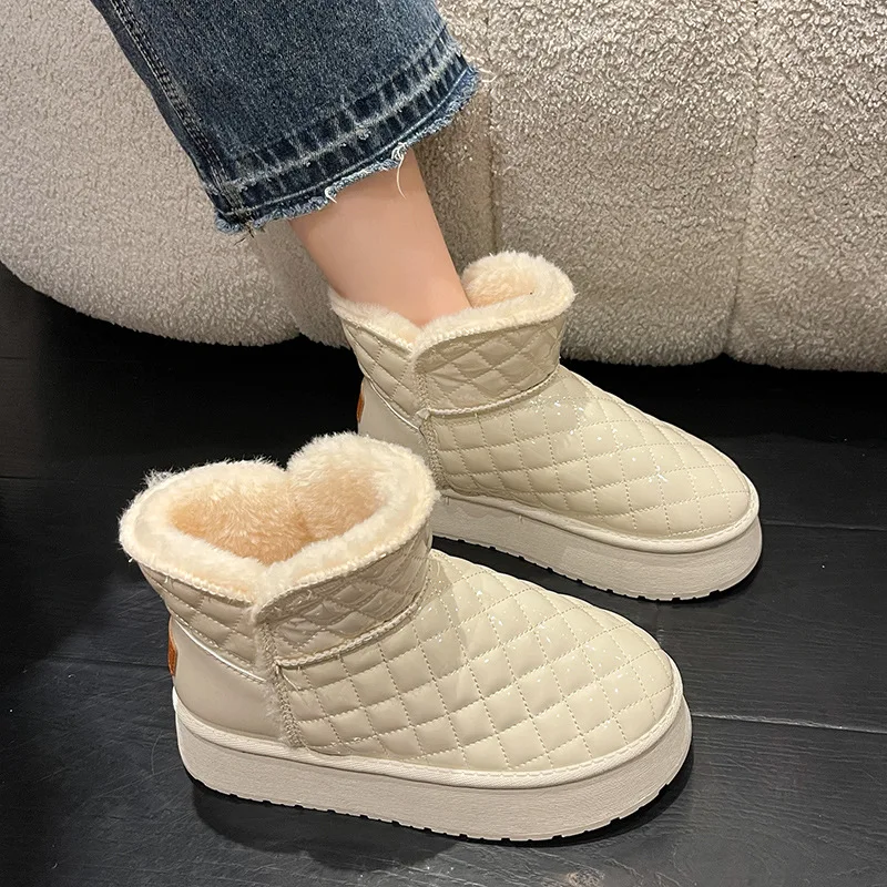 

Thick Soled Fur Snow Boots for Women 2024 Winter New Lady Fashion Plush Flats Short Tube Anti Slip Warm Bread Cotton Shoes Black