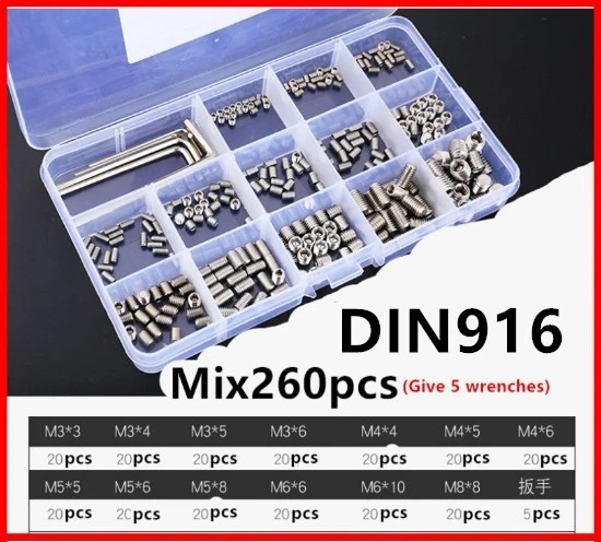 200 шт./260 шт. DIN916 установочные винты с шестигранной головкой и DIN914 конусные винты с шестигранной головкой в ассортименте