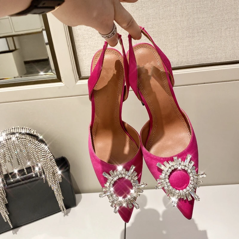 Pointed High-heeled Sunflower Diamond Button Crystal Wine Glass with Sandals for Women