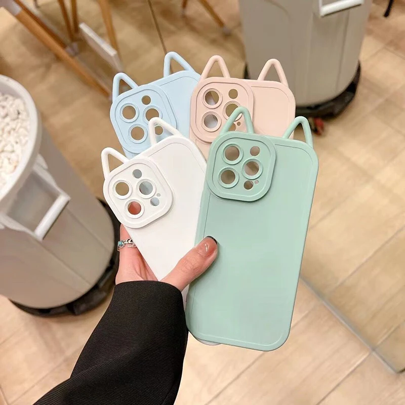 Simplicity Solid Color Cat Ears Silicone Soft Phone Case For Iphone 13 12 11 Pro Max X Xr Xs Max Lens Full Wrap Protective Cover