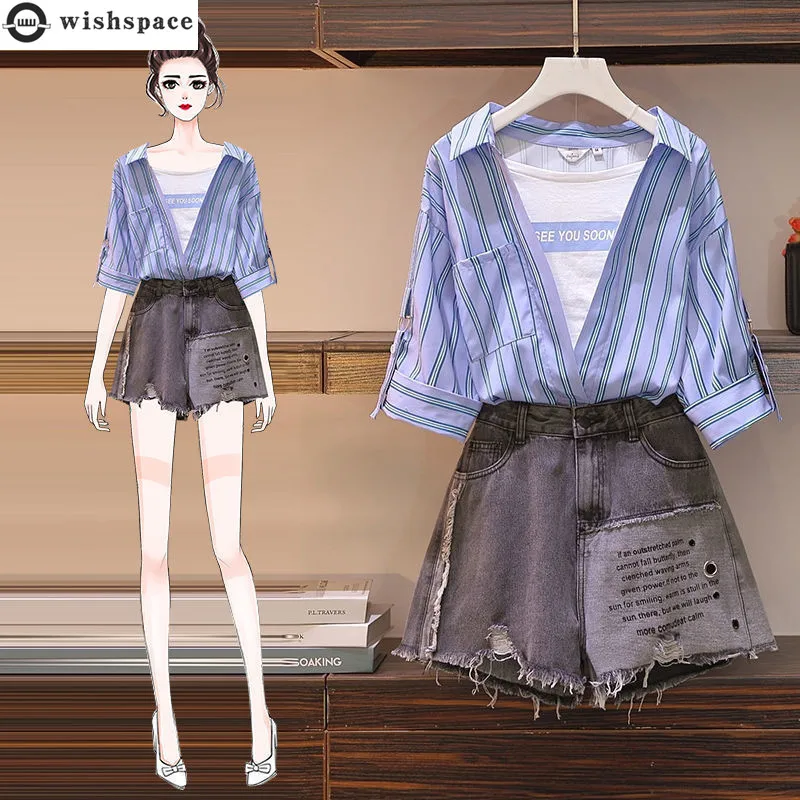 

Summer Fresh Elegant Women's Shorts Set Striped Chiffon Shirt Perforated Denim Shorts Female Set Tracksuit Suits with Shorts