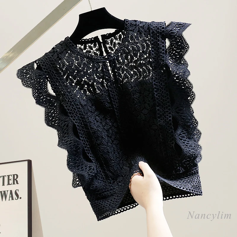 

Black Lace T-Shirt for Women Fashion Crocheted Hollow-out Wave Ruffled Stitching Flying Sleeves Laced Tee Lady Chic Top 2022