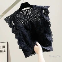 black lace t shirt for women fashion crocheted hollow out wave ruffled stitching flying sleeves laced tee lady chic top 2022