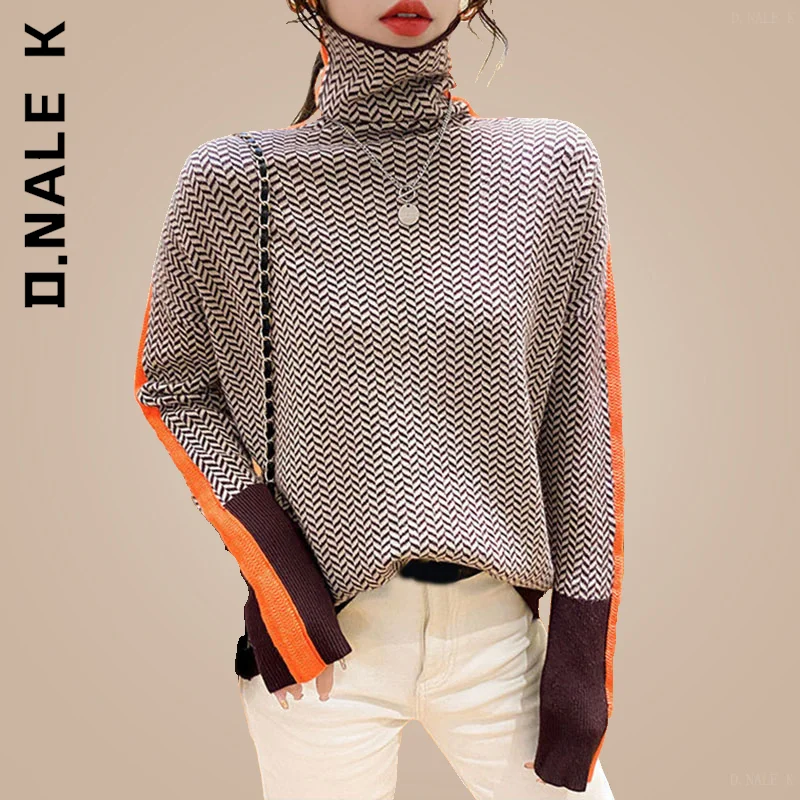 

Новинка, Женский вязаный свитер D.Nale K с высоким воротником, популярные корейские женские свитера 2023, уличная одежда, Мягкий Топ, женская трик...