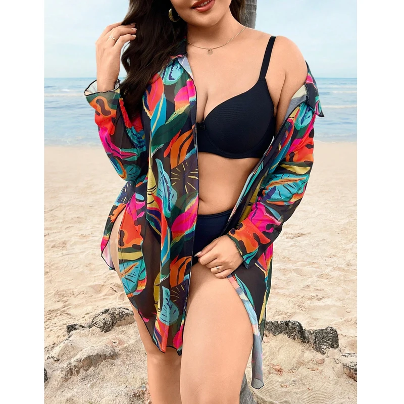 

2024 New Plus Size Women's Tops Loose Print Chiffon Coverups Beach Swim Bikini Kimono Cardigan Bathing Suit Cover Ups Blouse