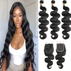 Волнистые пучки с застежкой перуанские пучки 34 пучков с 4x4 кружевными застежками волнистые человеческие пучки волос с застежкой