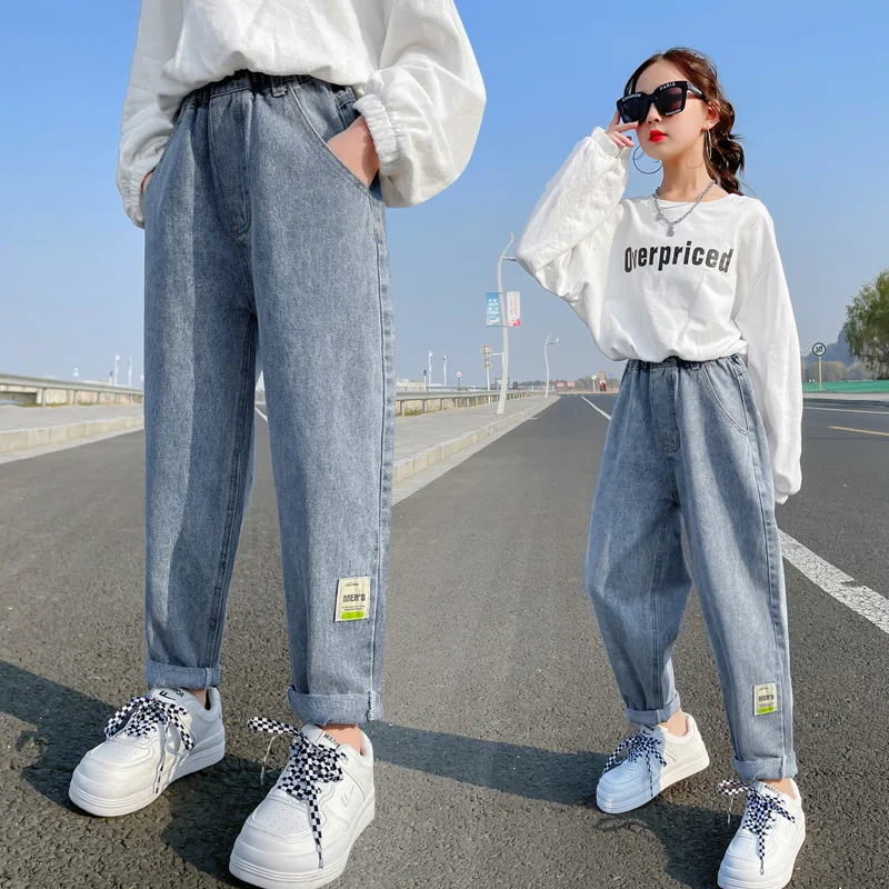 

Детские свободные джинсовые брюки с широкими штанинами, прямые джинсы с широкими штанинами в стиле хип-хоп для девочек, брюки, студенческие ...