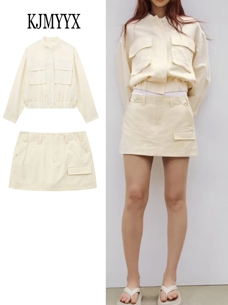 

KJMYYX 2023 Linen Women's Fashion Blend Pocket Bomber Jacket or Mid Rise Zipper Skort Office Lady Versatile Female Two Piece Set