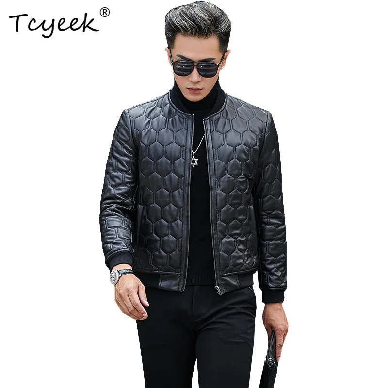 Фото Мужская куртка Tcyeek из натуральной овчины и кожи, осенне-зимняя бейсбольная куртка с воротником-стойкой, хлопковое пальто, мужская куртка Jaqueta Masculina №1