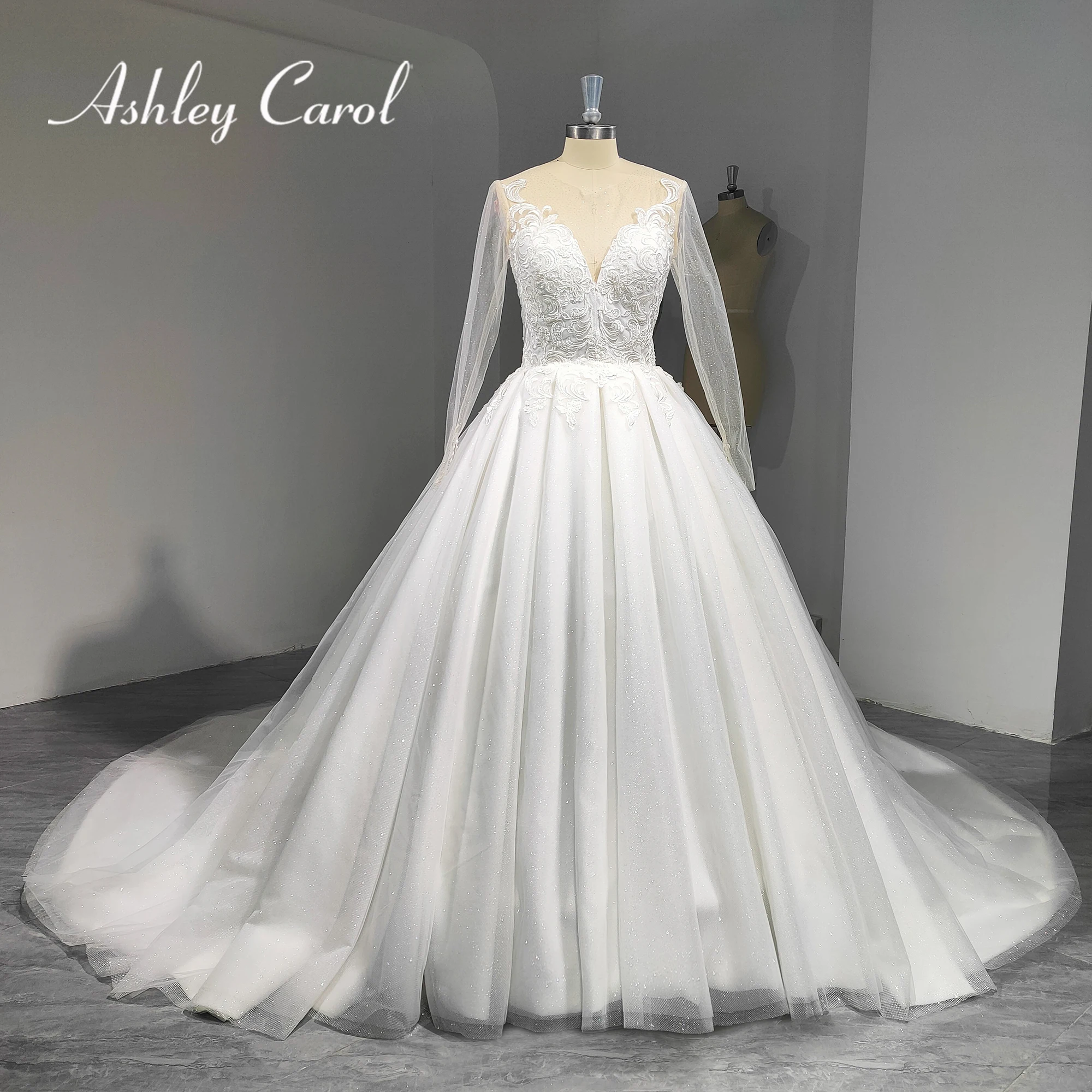 

Ashley Carol Princess Wedding Dress 2023 Long Sleeve Bride Gown Sparkling Tulle Appliques A-Line Real photos Vestidos De Novia