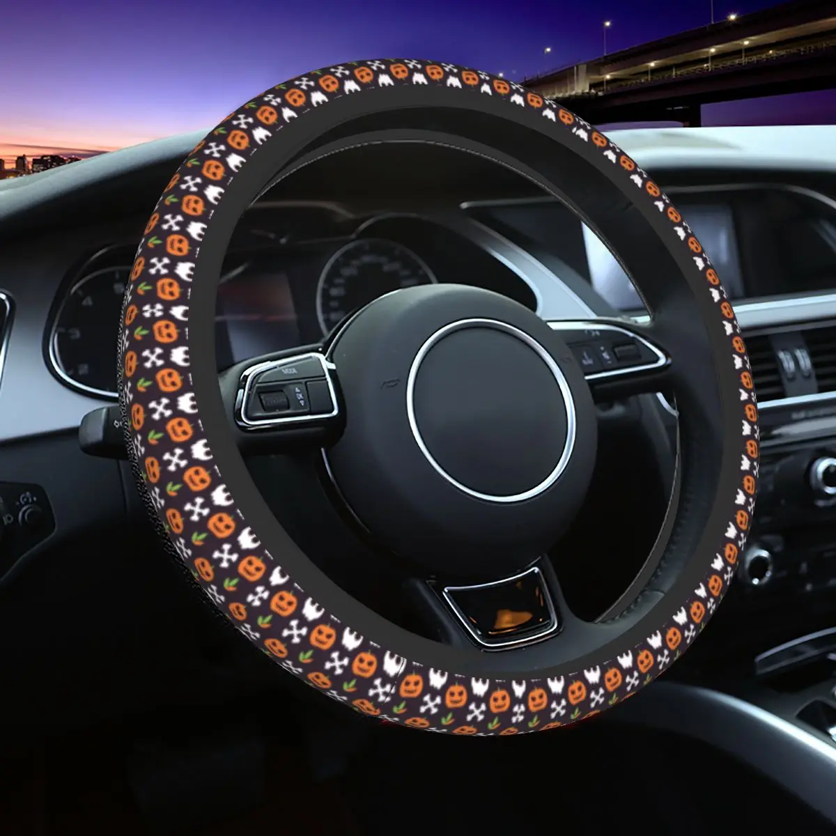 

37-38cm Halloween Pattern Pumpkin Ghosts Bones Auto Car Steering Wheel Cover Universal 15 inch Steering Wheel Protector for SUV
