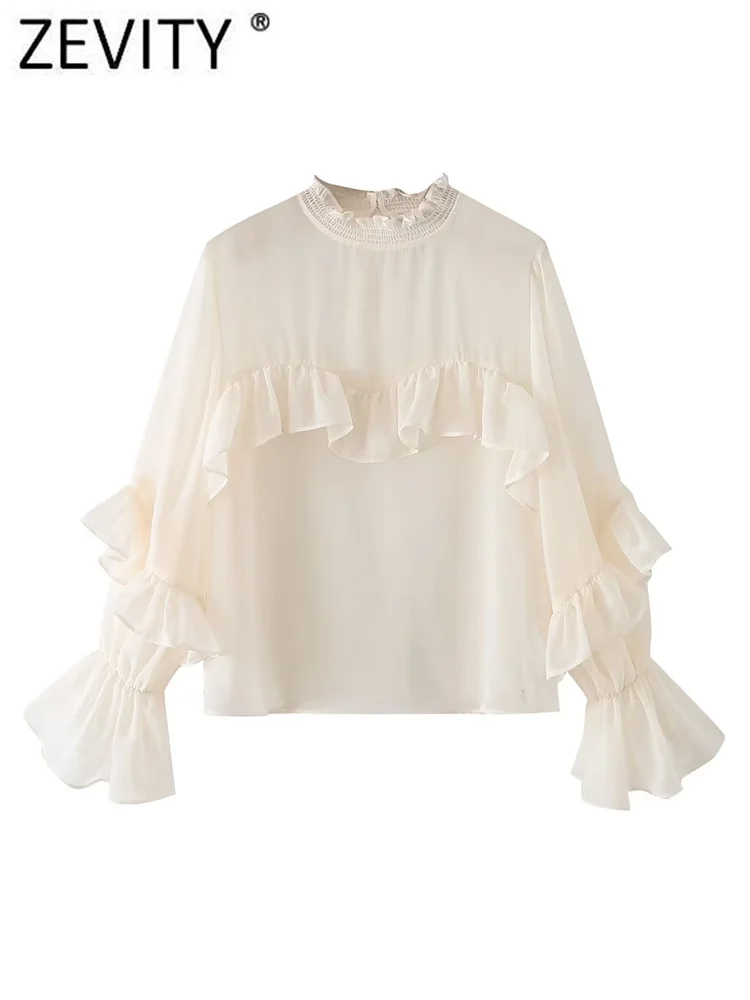 

Женская модная однотонная полупрозрачная блузка Zevity с воротником-стойкой, складками и оборками, женская рубашка с расклешенными рукавами, ...