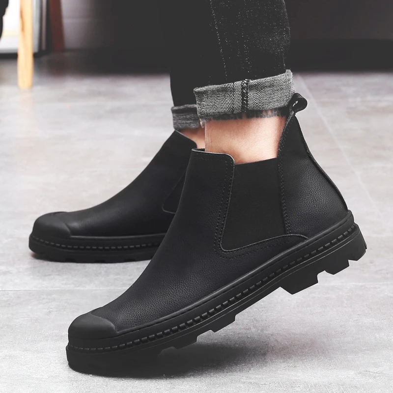 

Winter Leather Boots Round Toe Chelsea Men's Boots Sleeve Platform Booties Fashion Casual Shoes Luxury Brand trend Boots Black