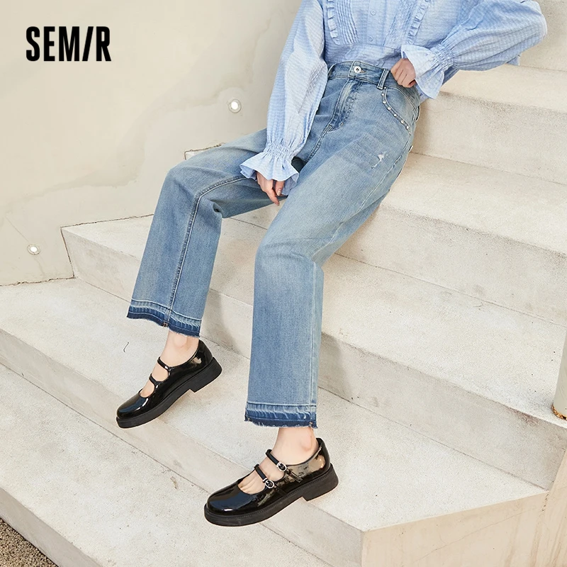 

Semir Jeans Women Black Tech Cropped Pants Retro Style 2022 Autumn Style Raw Edge Small Straight Pants Design Sense