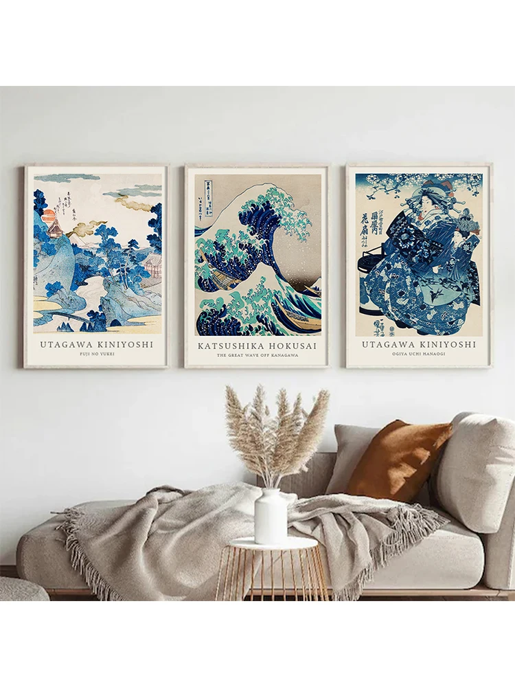 

3 Шт., Хокусай Канагава, Большая Волна, Японский Синий Холст С Принтом, Современное Абстрактное Настенное Искусство Для Гостиной