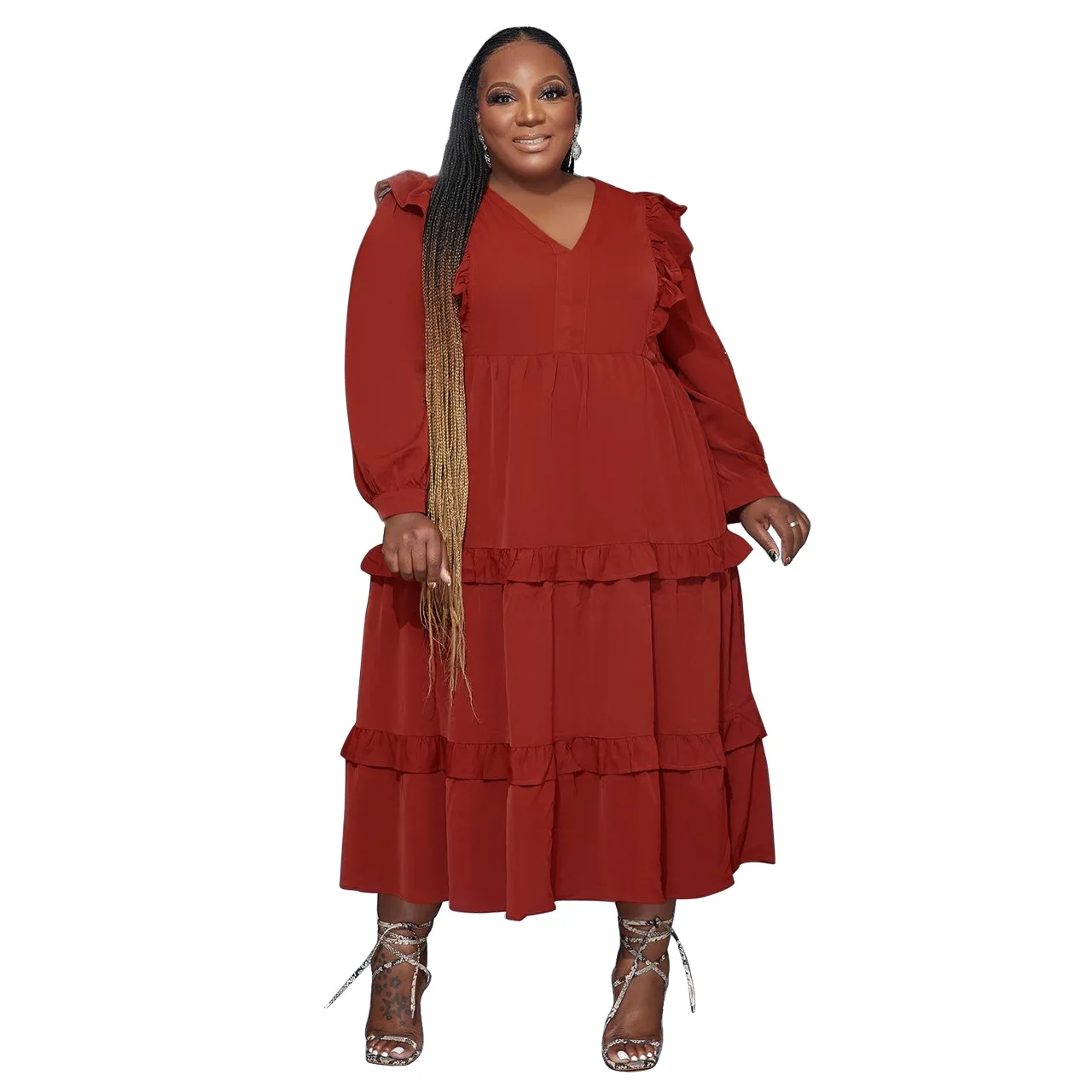 Plus Size Casual Ruffles Hem Dress For Women V Neck Long Sleeve Loose Vestidos Streetwear Fashion Oversized Robes Solid Clothing