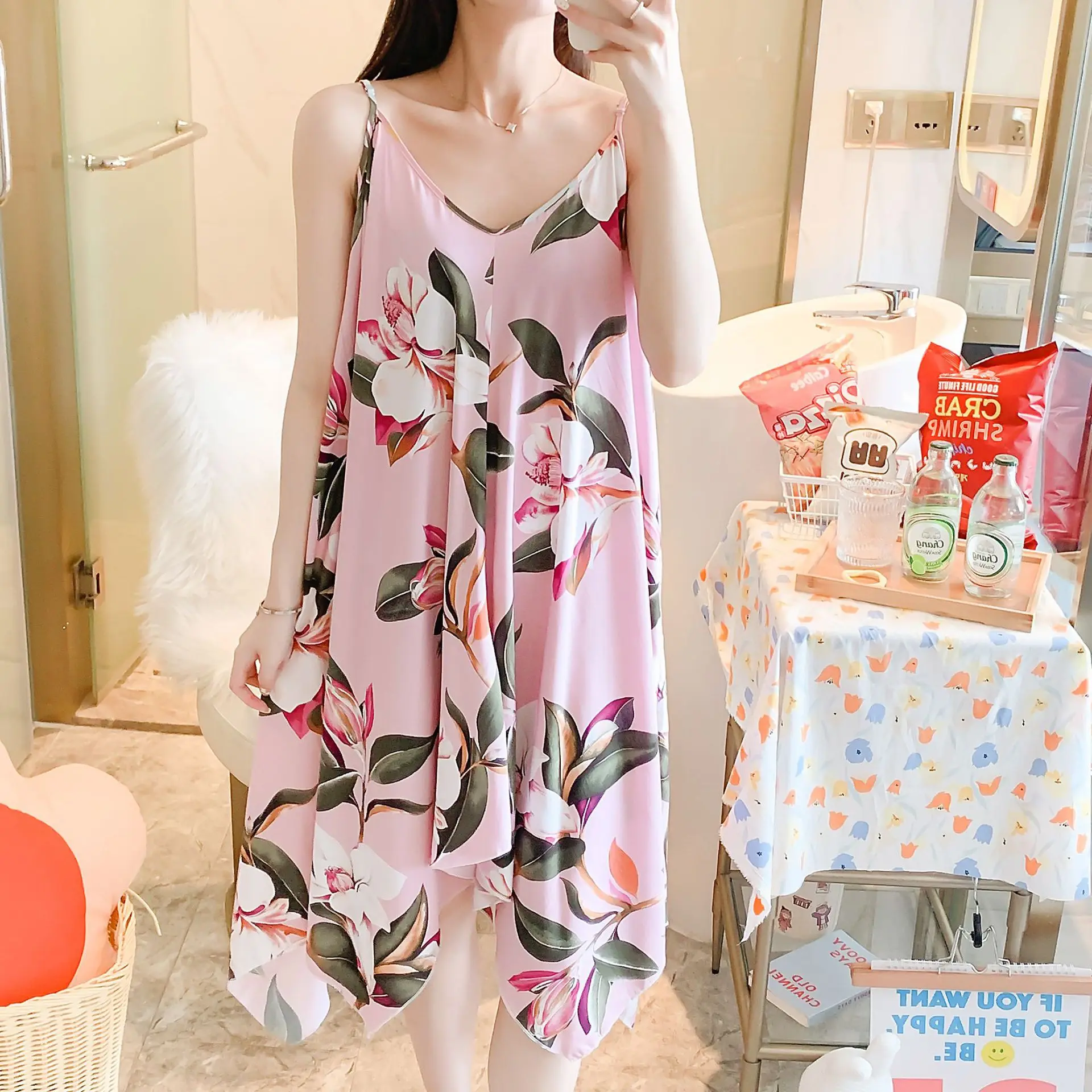 Summer New Women's Nightdress Suspenders Thin Loose Large Size Home Service Sexy Nightwear Sleep Tops Sleepwear Women