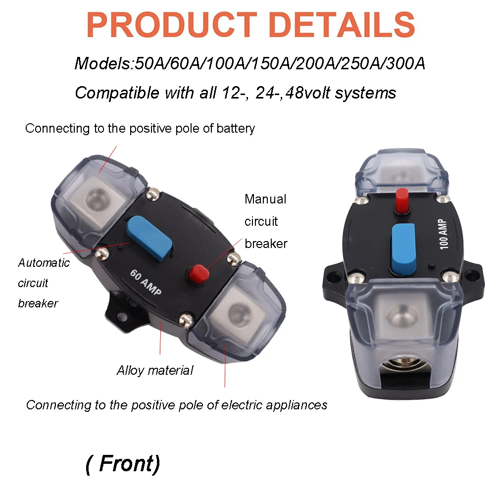 

50A 60A 100A 150A 200A 250A 300A High Current Truck Audio Amplifier Circuit Breaker 12v-48vDC Resettable Car Boat Power Protect