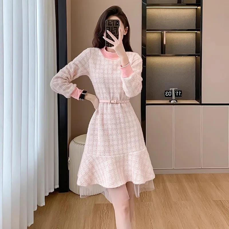 

New 2023 Spring Fall Women Sweater Dress Female Knitted Dresses Winter Elegant Ladies Warm Long Sleeve Pink Knit Mermaid Dress