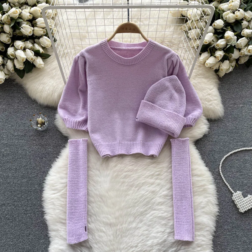 

Осенний корейский пузырьковый с короткими рукавами нежный ветрозащитный короткий однотонный с рукавами с шапкой вязаный свитер