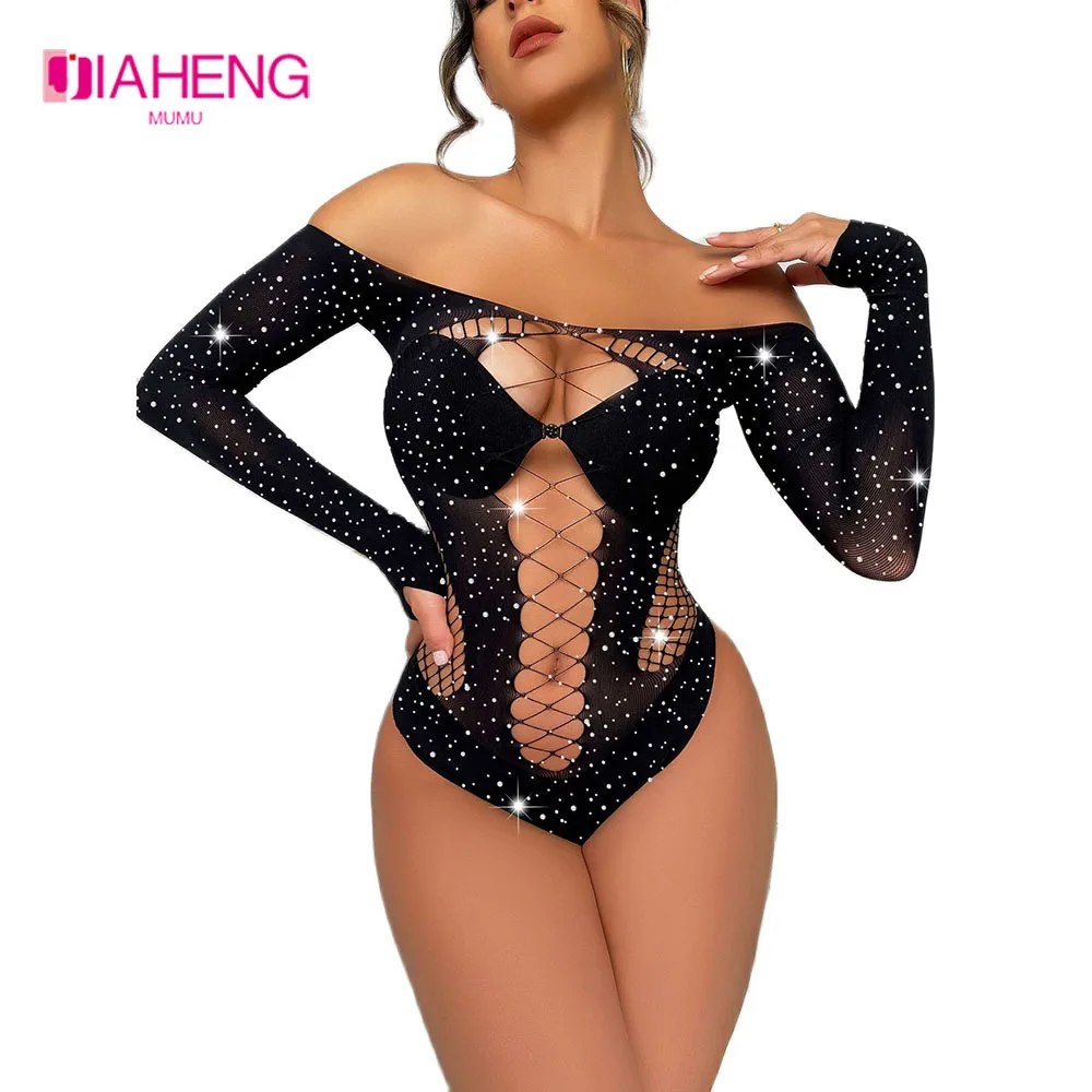 

JIAHENG MUMU Women's Hot Drilling Shiny Sexy Bodysuit Long Sleeve Mesh Bodystocking Lingerie Female Hollow Club Skinny Body Tops