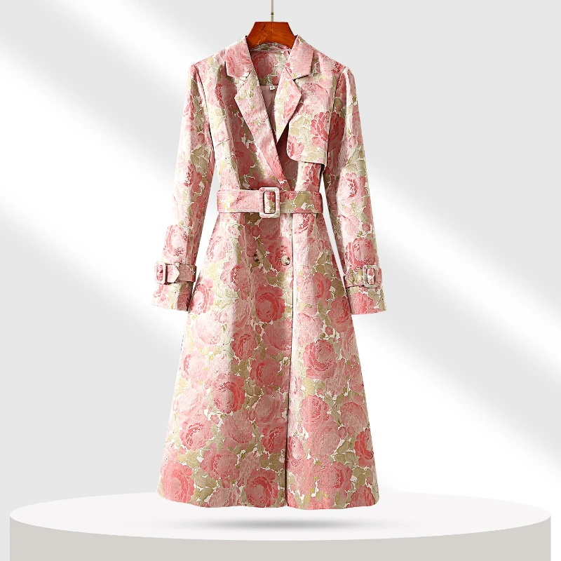 

Женский облегающий жаккардовый тренчкот с высокой талией и цветочным принтом, черный, бежевый, желтый, весна-осень 2023