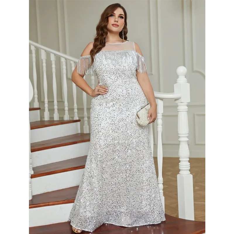 Plus Size Round Neck Sequin Loose Luxury Prom Evening Dress Wedding Party Plus Size Sleeveless Sequin Dress 4XL 5XL 10 Colors