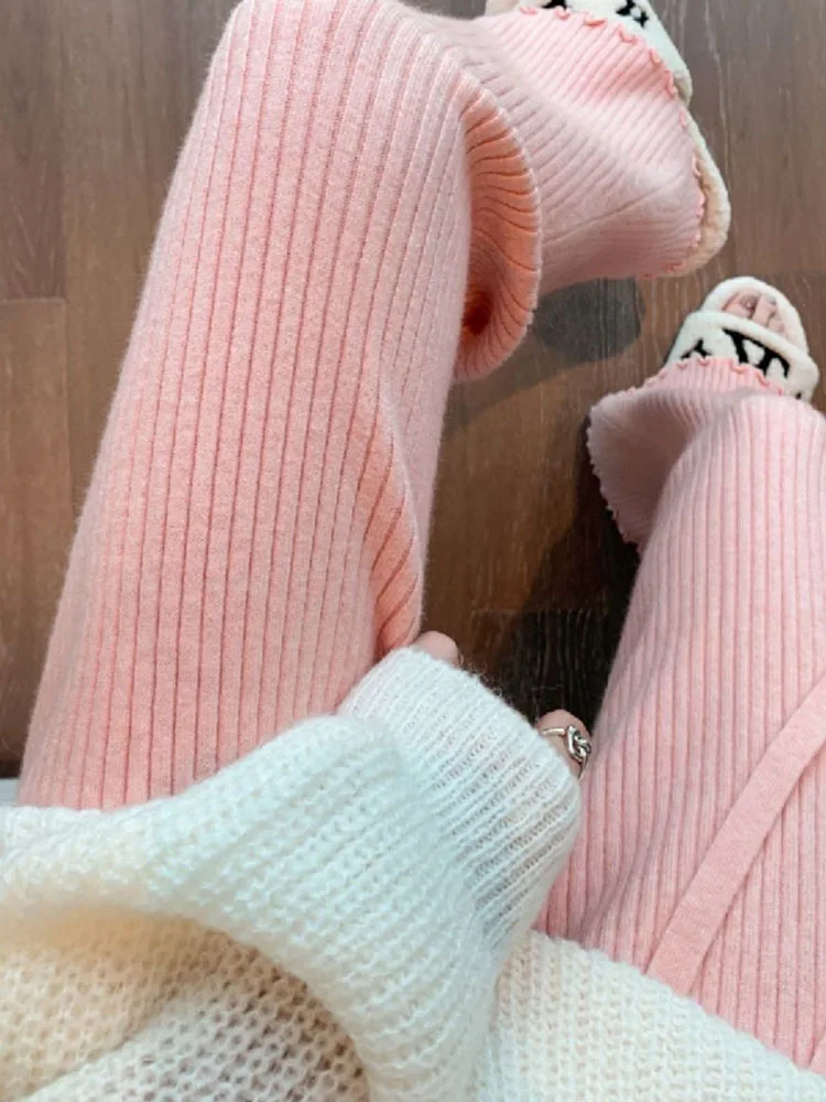 

Брюки женские трикотажные широкие с высокой талией и бахромой