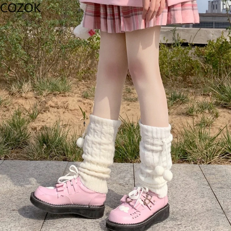 Japanese Lolita Sweet Plush Leg Warmer Calf Socks Women White Knitted Legs Warmers Thigh Socks Female Winter Furry Foot Cover