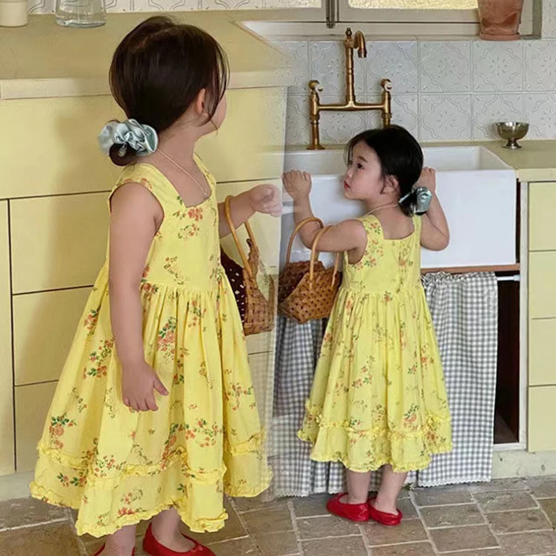 

Летняя одежда для маленьких девочек во французском стиле, симпатичное хлопковое милое платье без рукавов с круглым вырезом в Корейском стиле, 2, 4, 7, 8, 1 года