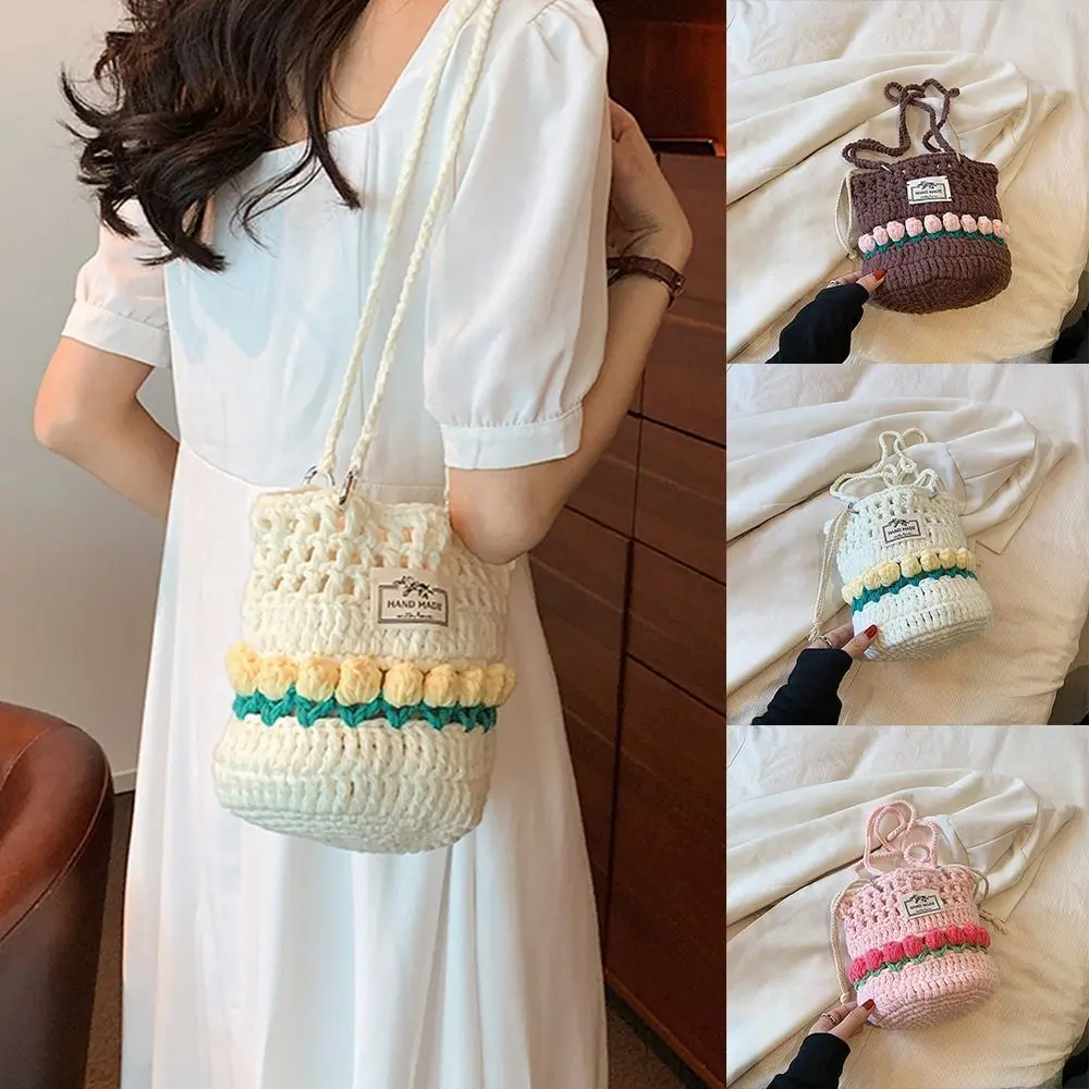 

Вязаная крючком сумка через плечо, Милая женская сумка-ведро с цветочным принтом тюльпана