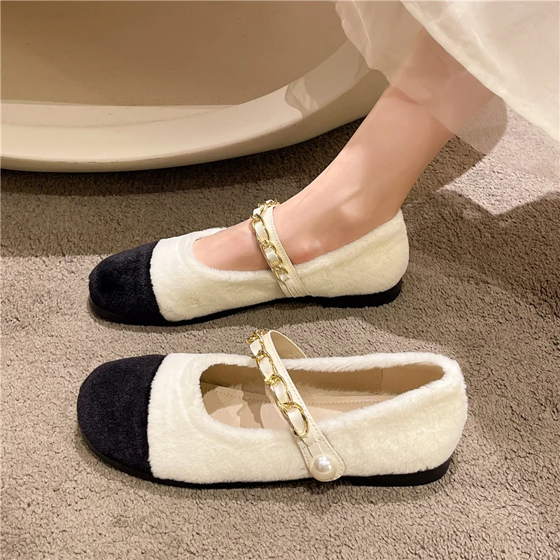 

Туфли женские с мехом на осень/зиму, элегантные лоферы, из флока, основная обувь средней длины, римская резина, Мэри Джейн