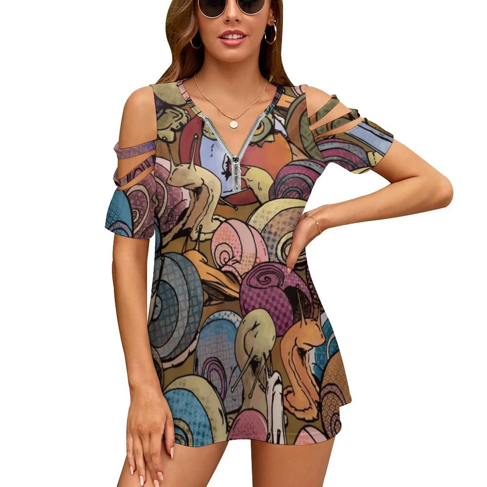 

Женская Винтажная футболка на молнии с принтом улитки