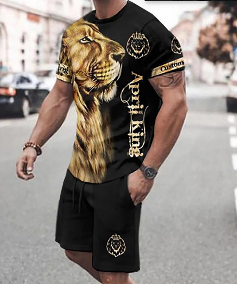 Fashion The Lion Classic Style Men's 2 Piece Sets Short Sleeve Tshirt Suit Retro Street 3D Print Shorts Man O-Neck Tee Clothing