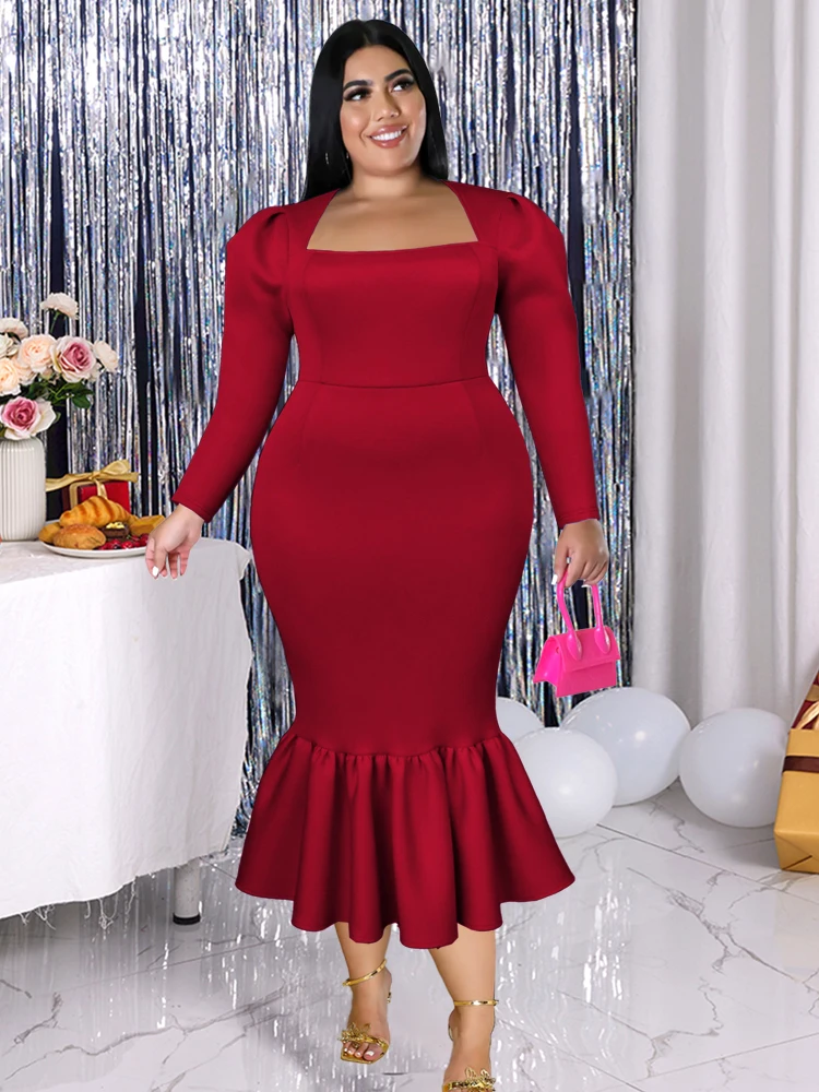Elegant Midi Dresses Plus Size 3XL 4XL Square Neck Long Sleeve Bodycon Ruffles Office Work Evening Party Event Gowns for Ladies