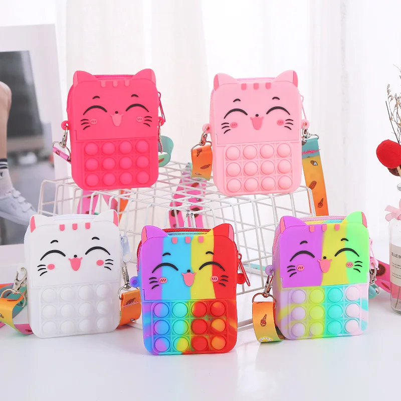 

New Silicone Coin Purse Release Stress Cute Cartoon Smiling Cat Fidget Messenger Bag